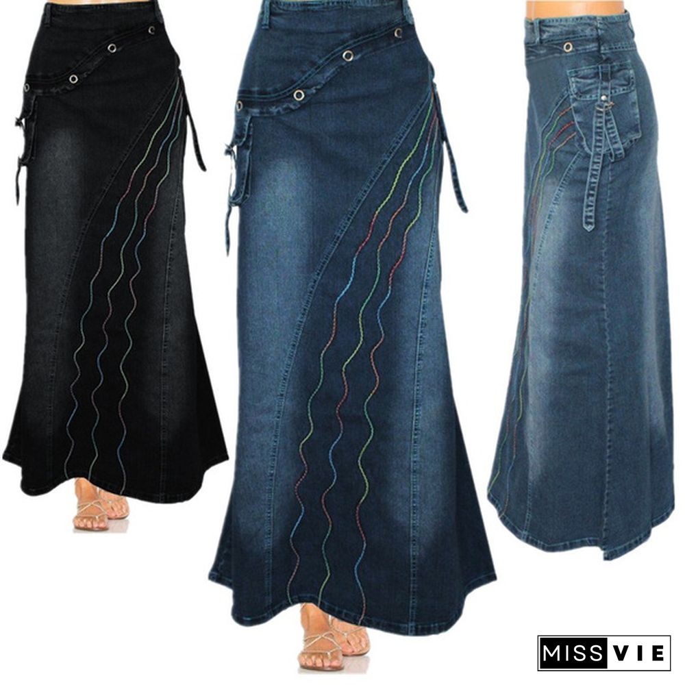 Women Fashion Casaul Stretch Cargo Denim Skirt Bell Skirt Floor Length Washed Denim Jeans Skirt Plus Size