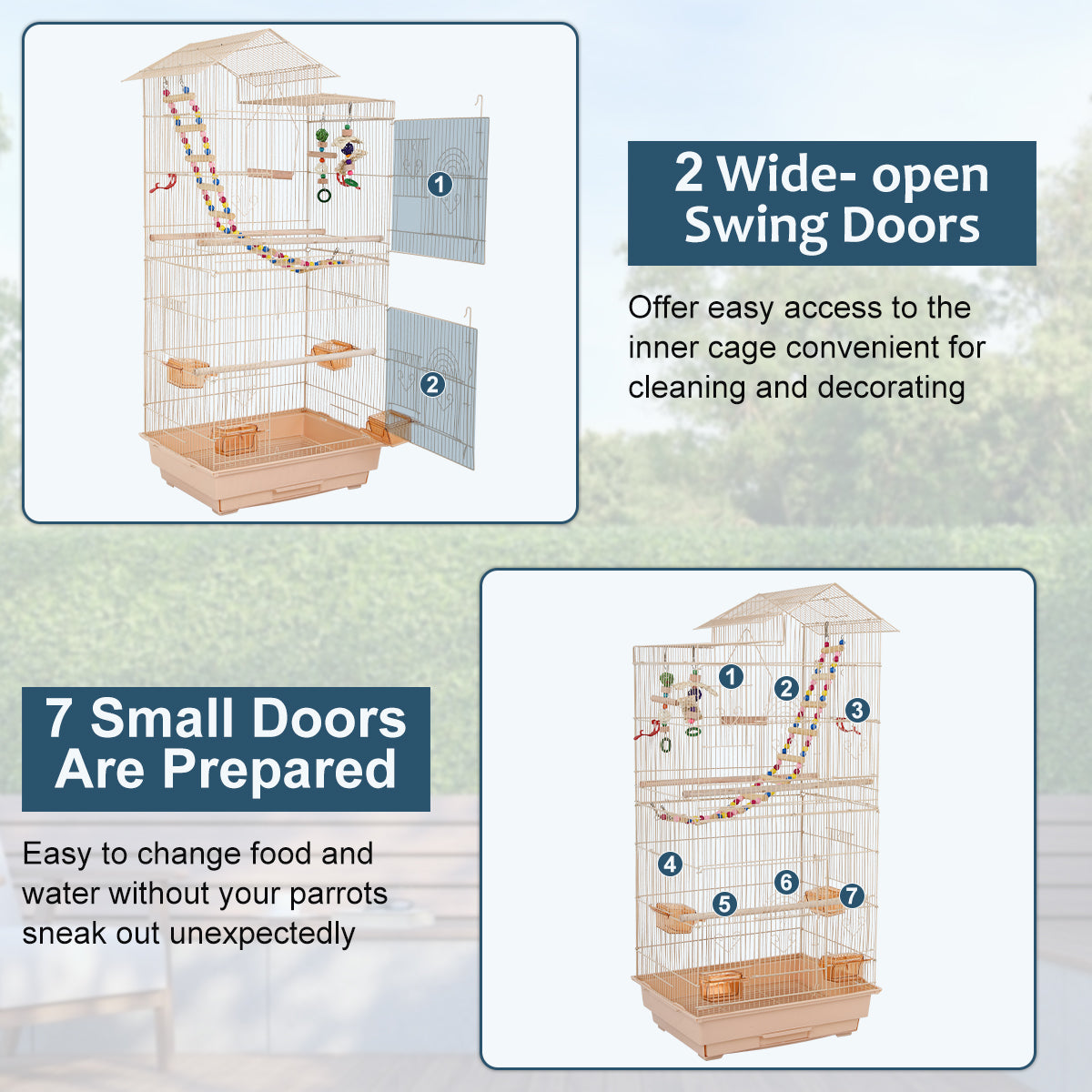 Dkelincs 39 Inch Big Birdcage Study Parakeet Cage Aviary with Accessories Roof Top Flight Parrot Cage with Ladder and Swing for Parakeet， Cockatiels， Parrots， Almond