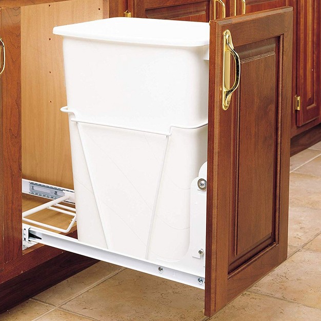 Rev a shelf Single Pullout 35 Quart Trash Can For Base Kitchen Or Bathroom Cabinets With Slides And Simple Installation White Rv 12pb