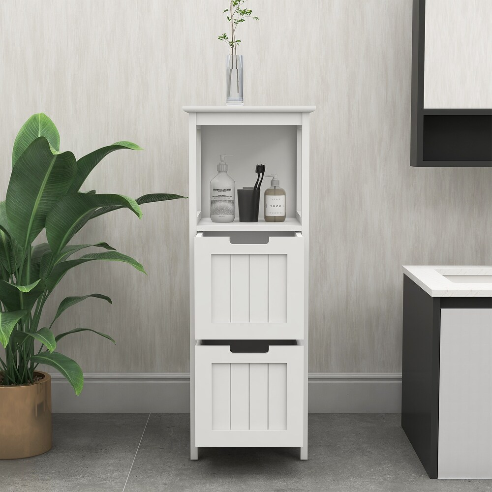 Bathroom Floor Cabinet with 2 Drawers and 1 Storage Shelf Freestanding Wood Storage Organizer Cabinet White