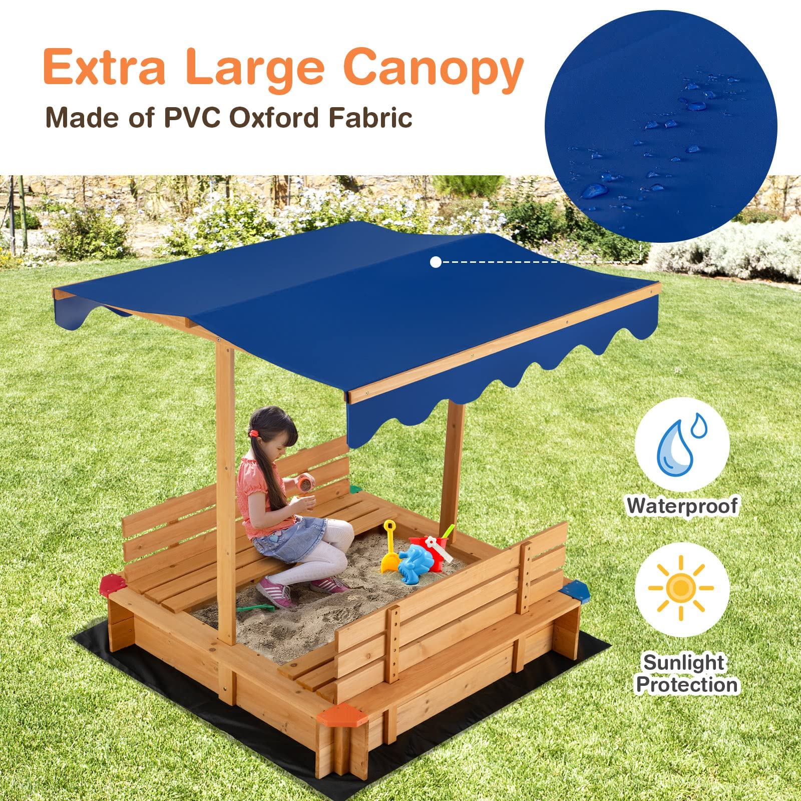 Costzon Kids Wooden Sandbox with Canopy, 2 Bench Seats w/ Backrest