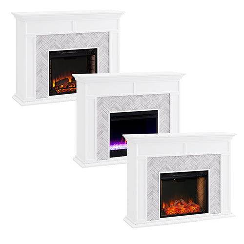 SEI Furniture Electric Freestanding Color Changing Tiled Fireplace in White with Gray Marble