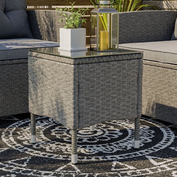 Zaara Compact Wicker and Glass Top Outdoor End Table by MandL Co.