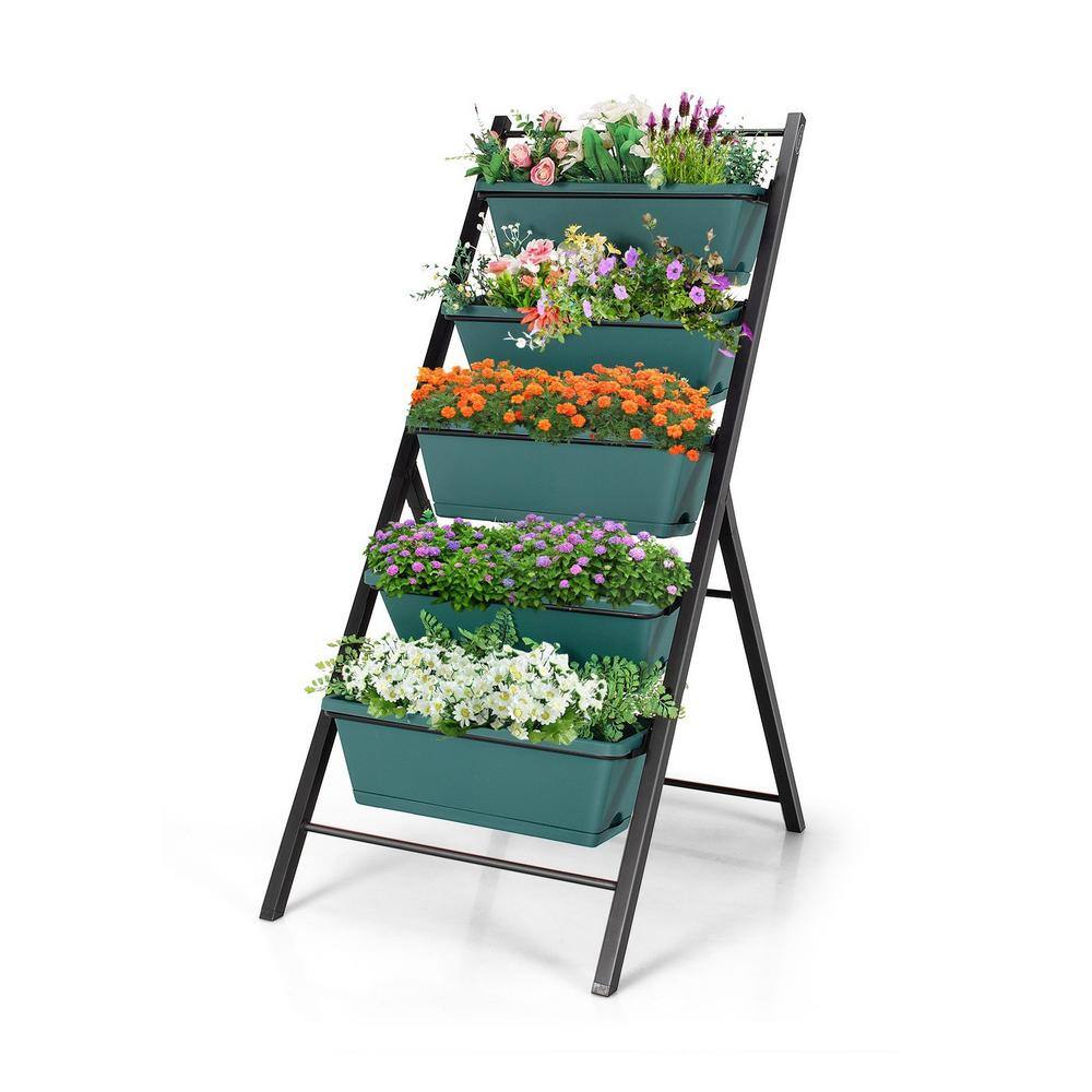 TIRAMISUBEST 5-Tier Vertical Green Iron Frame Garden Planter Box Elevated Raised Bed with 5 Container D0XY102HH6586