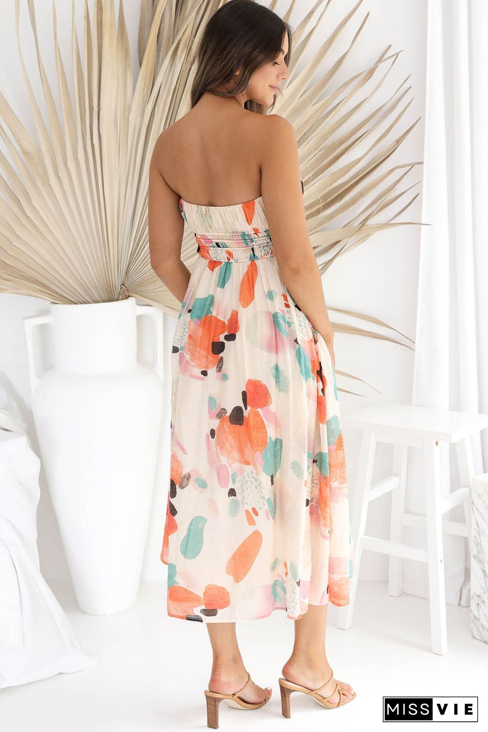 Khaki Strapless Shirred Abstract Print Split Long Dress