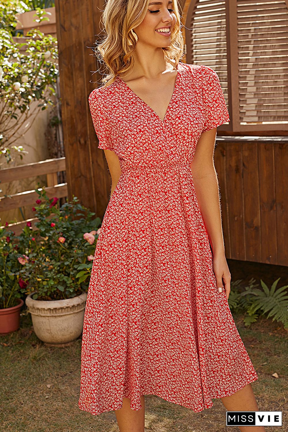 V Neck Short Sleeves Flower Flowy Dress