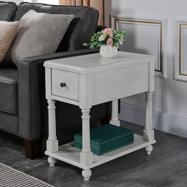 End Table with Drawer， Solid Wood 2 Tier End Side Table