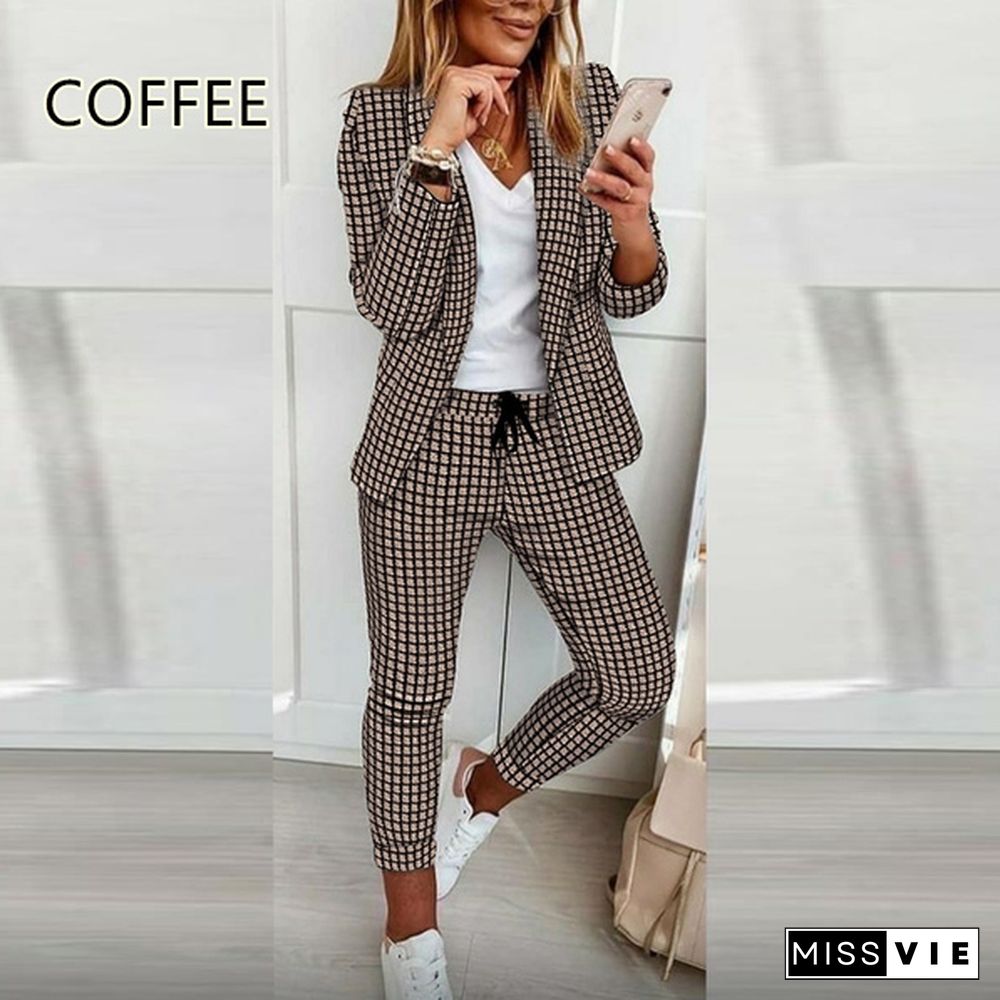 Women Elegant Long Sleeve Blazer Sets Lapel Neck Blazer Coat & Drawstring Pants Set Two Piece Outfits For Women