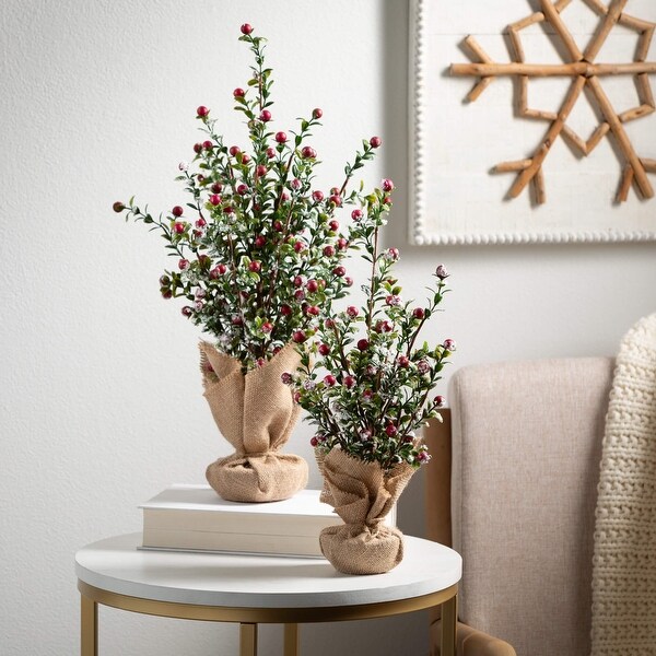 20H and 16H Sullivans Artificial Christmas Boxwood Berry Tree Set of 2，GreenRed