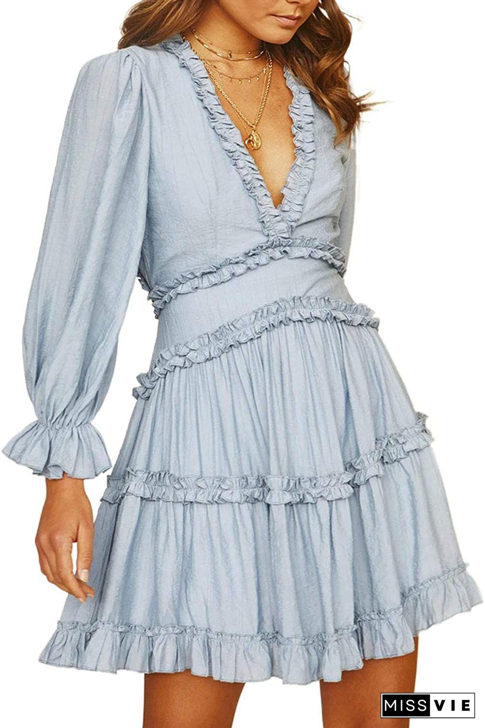 Ditsy Floral Prints Ruffle Edge Tiered Long Sleeve Boho Dress