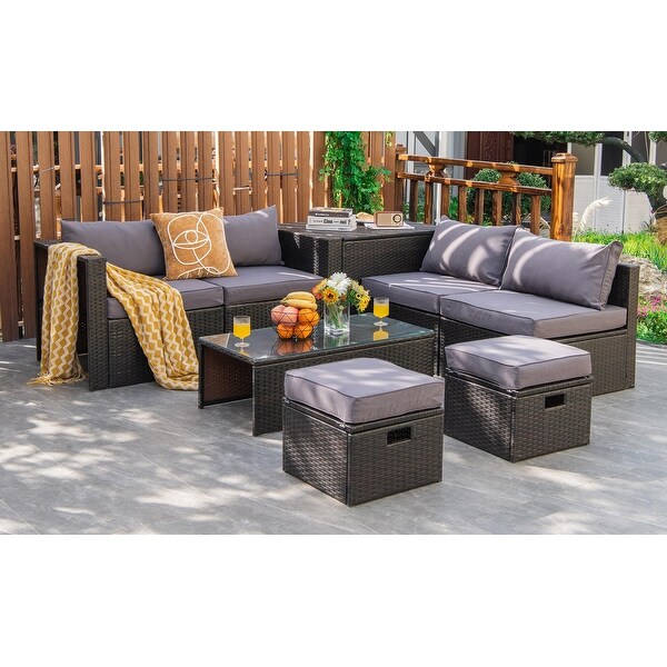 Costway 8PCS Patio Rattan Furniture Set SpaceSaving Storage Cushion