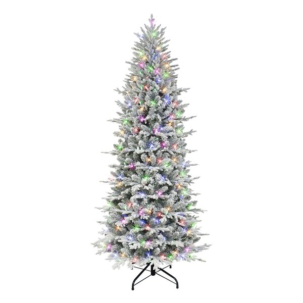 Puleo International 7.5 ft. Prelit Slim Flocked Northern Fir Artificial Christmas Tree