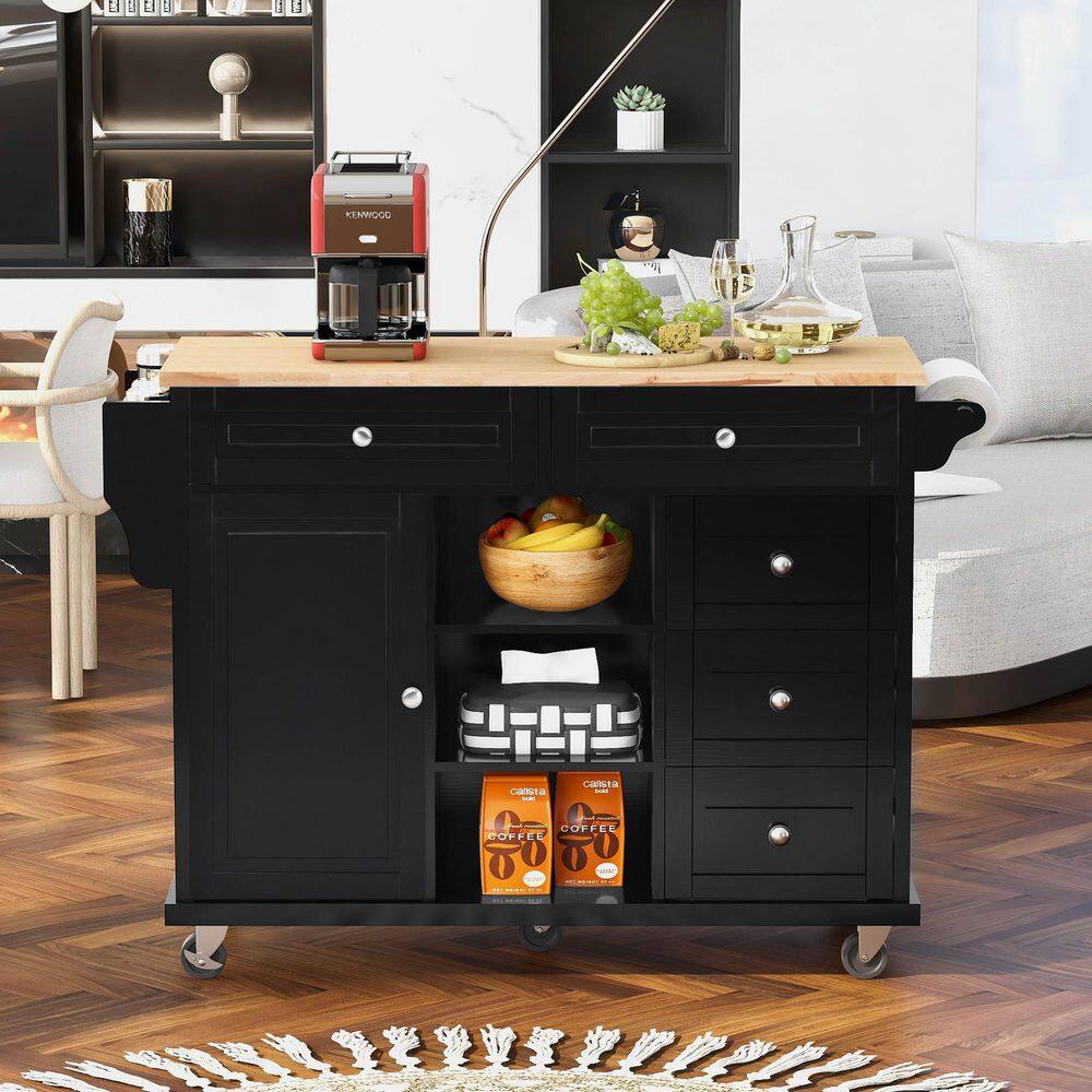 Black Rubber Wood Desktop 52.8 in. W Kitchen Island on 5-Wheels with Storage and 5-Drawers VJ026KIsland6