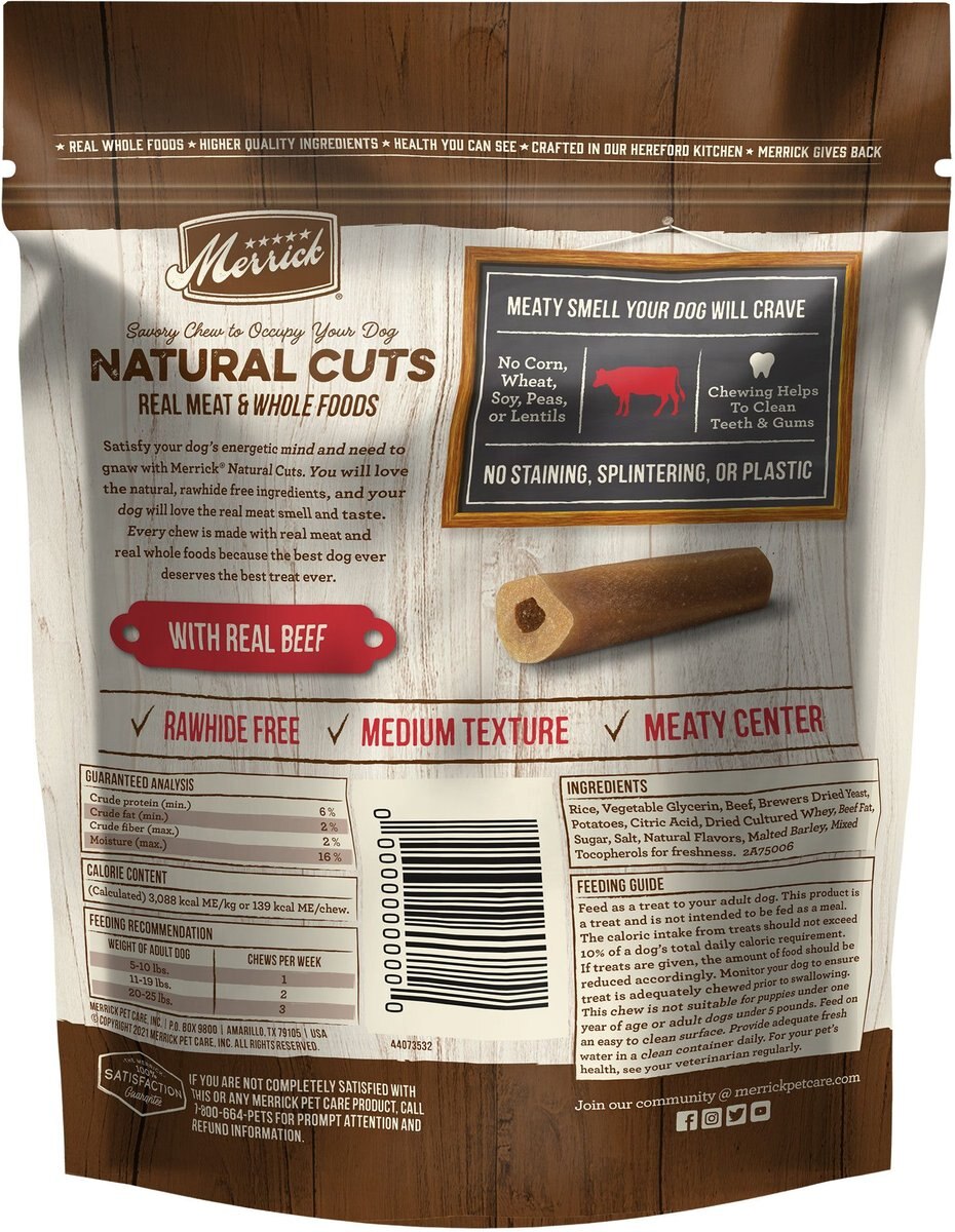 Merrick Natural Cuts Small Real Beef Rawhide Free Dog Treats， 7 count