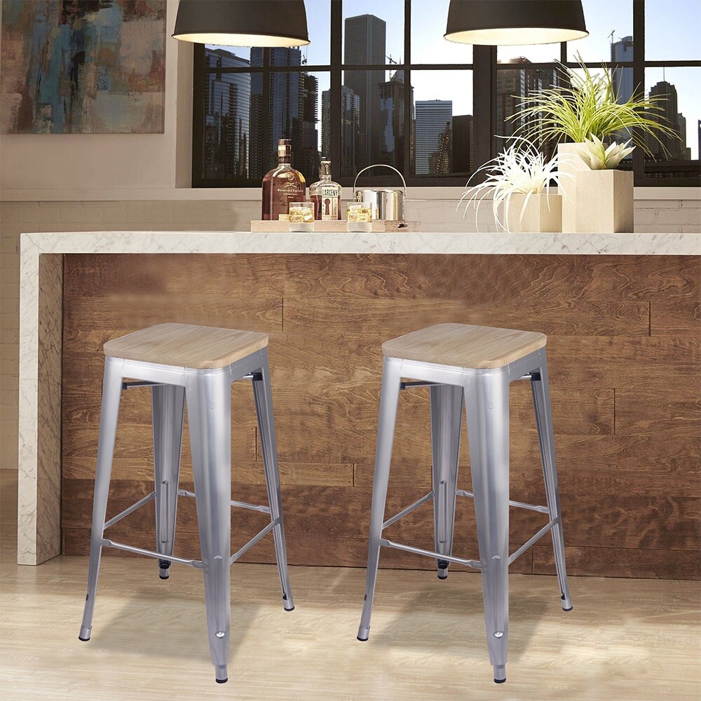 30inch Metal Stool with Light/Dark Wooden Seat-Set of 4