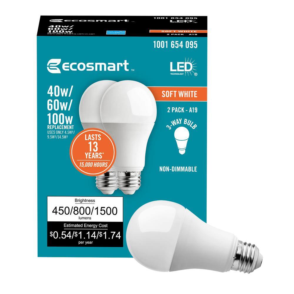 EcoSmart 4060100-Watt Equivalent A19 Energy Star 3-Way LED Light Bulb Soft White (2-Pack) A7A19A100WESP01