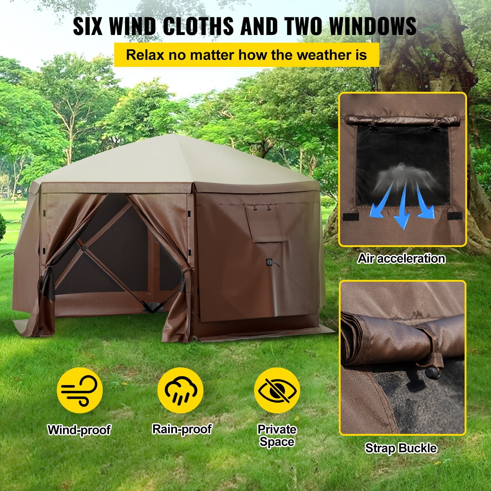 VEVORbrand Camping Gazebo Tent, 12'x12', 6 Sided Pop-up Canopy Screen Tent for 8 Person Camping, Waterproof Screen Shelter w/Portable Storage Bag, Ground Stakes, Mesh Windows, Brown & Beige