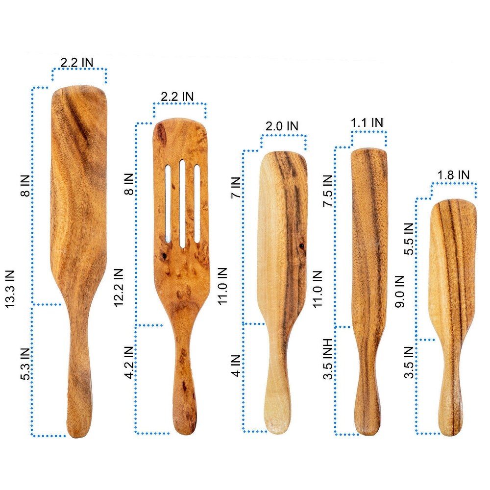 Spurtle Spoon Spatula Utensil   5pc Set Teak Wood   Non Stick Wooden Cookware   Stir  Scrape  Flip  Drain  Fold   Smash.   Large