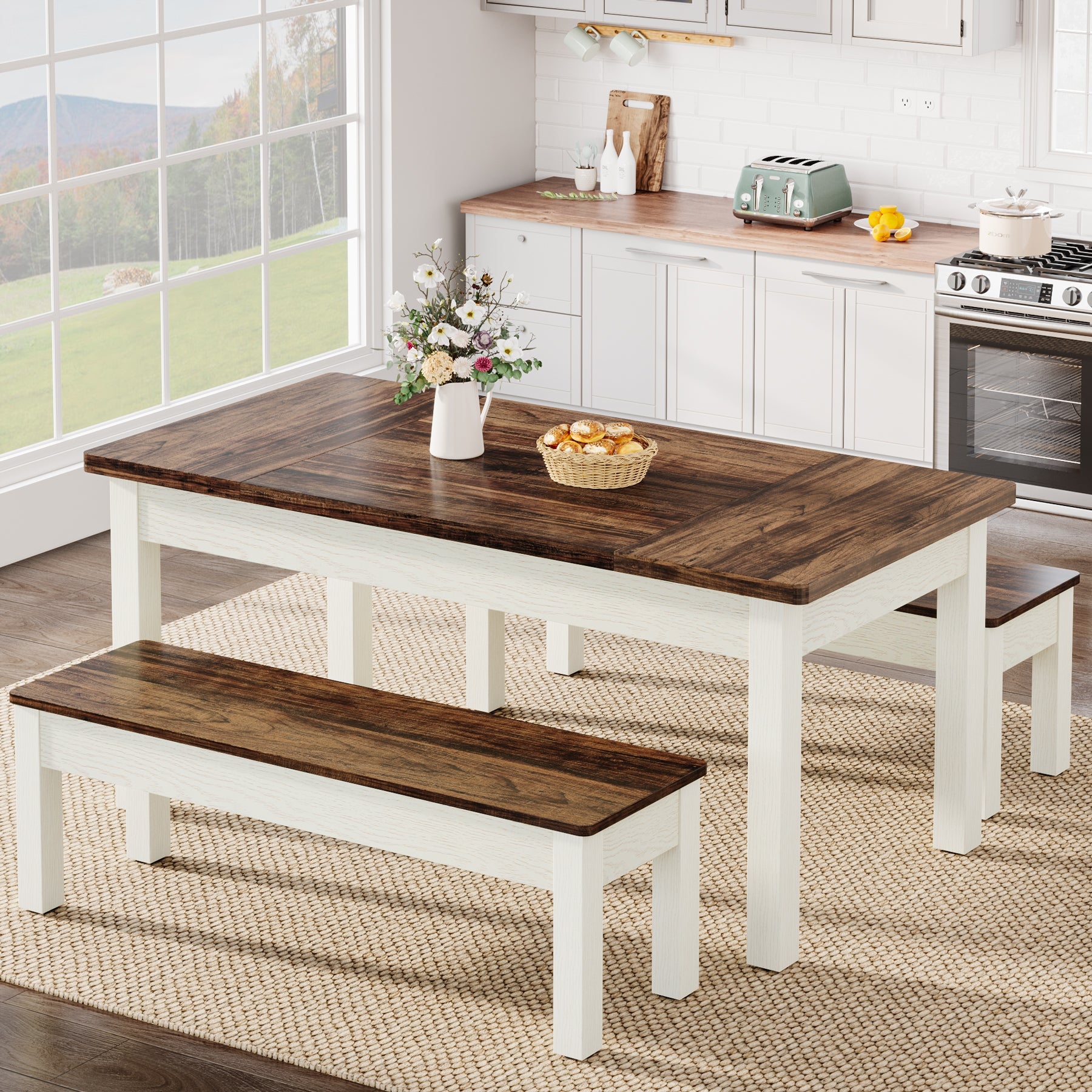 55 Dining Table Set, 3 Pieces Wood Kitchen Table with 2 Benches