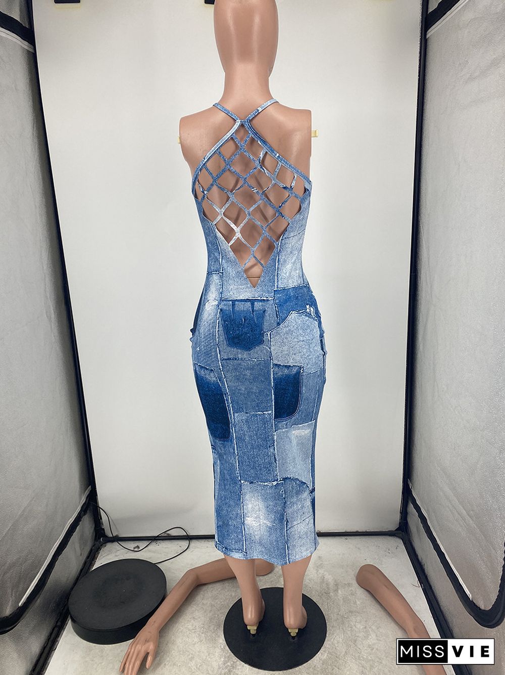 Trendy Sleeveless Denim Print Mesh Dress