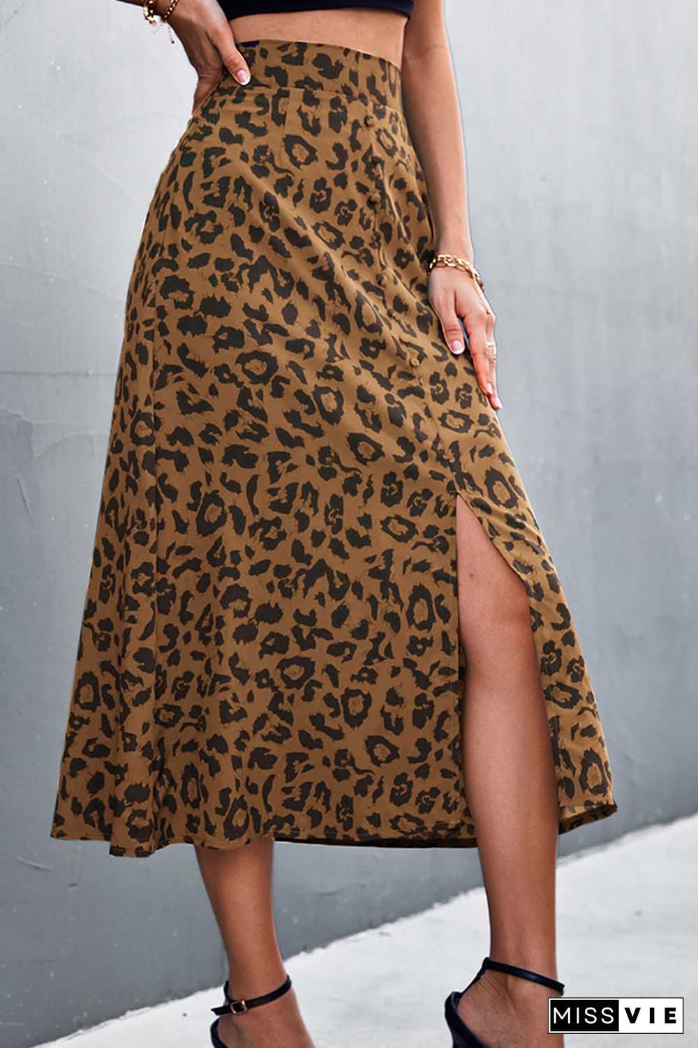 High Waist Leopard Print Split Skirt Wholesale