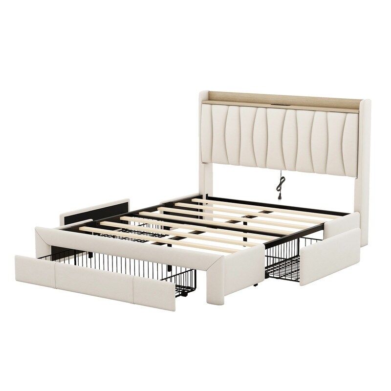 Queen Size Beige Upholstered Platform Bed with Storage Headboard Charging Station and 3 Drawers