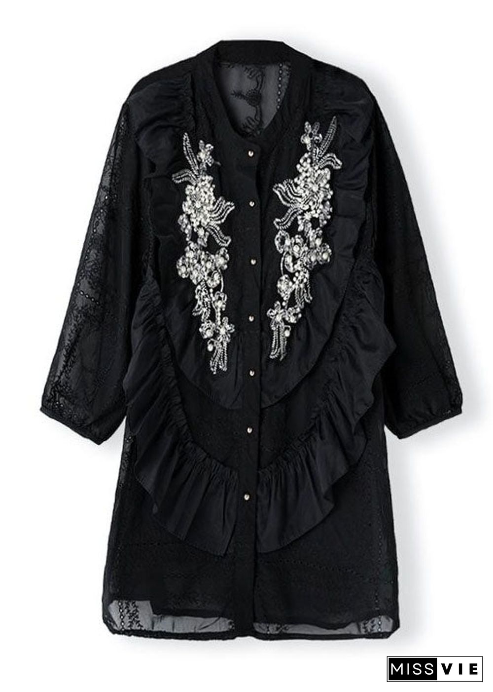 Unique Black Ruffled Nail Bead Patchwork Chiffon Shirts Spring