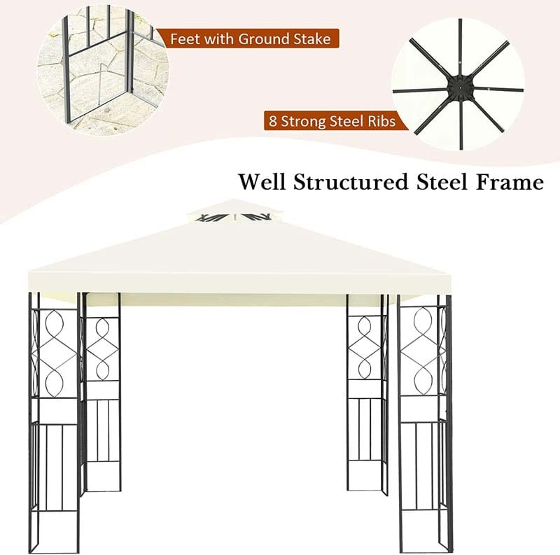 10 x 10 FT Patio Metal Gazebo with 2 Tier Vented Roof, Outdoor Canopy Gazebo Tent Grill BBQ Shelter