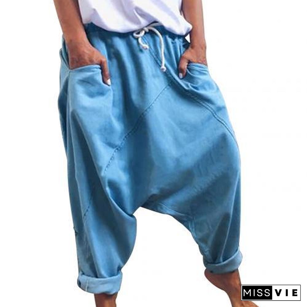 Women Casual Drawstring Pockets Drop Crotch Baggy Long Trousers Harem Pants P16400