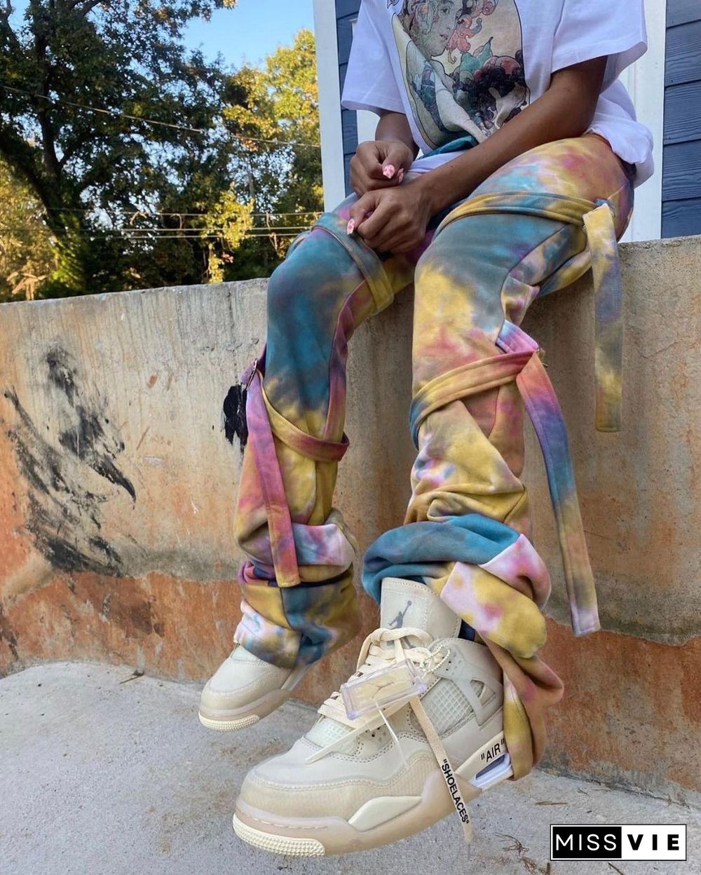 Tie Dye Print Joggers Outfits Gym Sporty Bandage Sweatpants