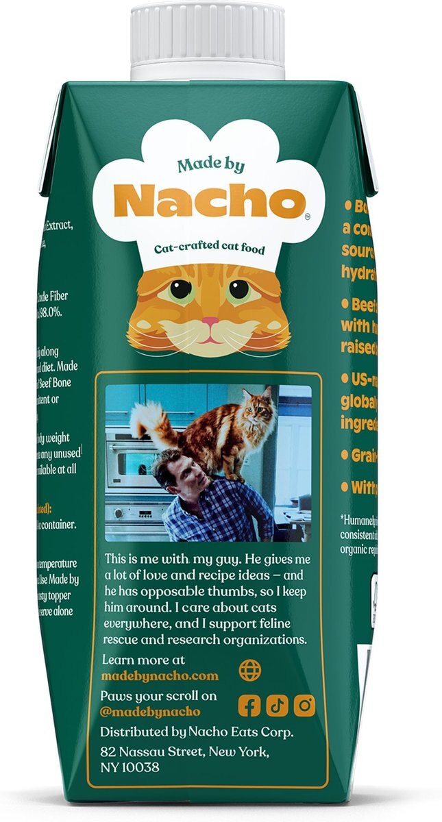 Made by Nacho Humanely-Raised Beef Bone Broth Wet Cat Food Topper， 8.4-oz tetra， case of 12