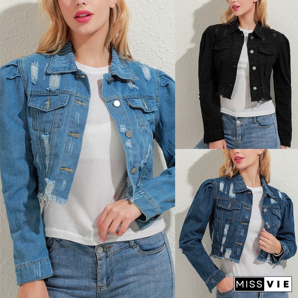 Women Ripped Denim Jackets Vintage Casual Short Jean Jacket Puff Sleeve Female Coat Streetwear