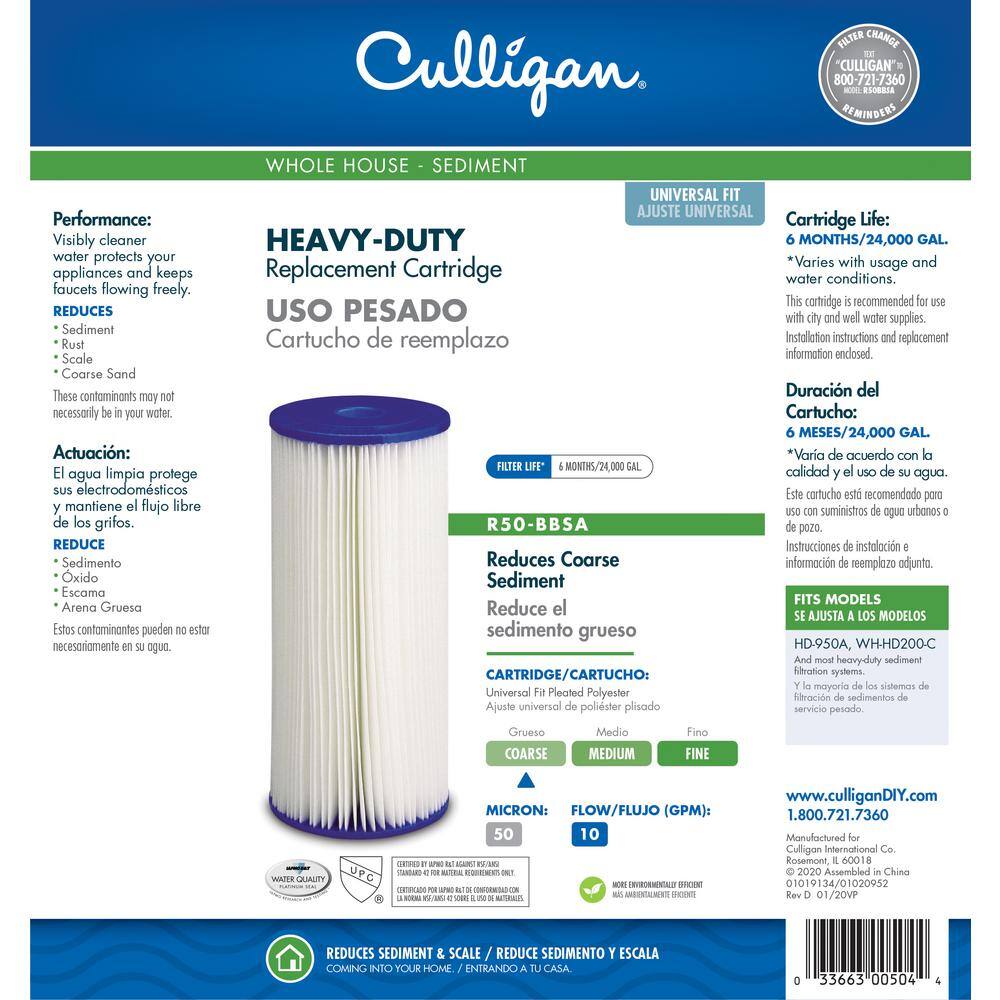 Culligan Universal Pleated Heavy-Duty Poly Sediment Replacement Cartridge Water Filtration System R50-BBSA