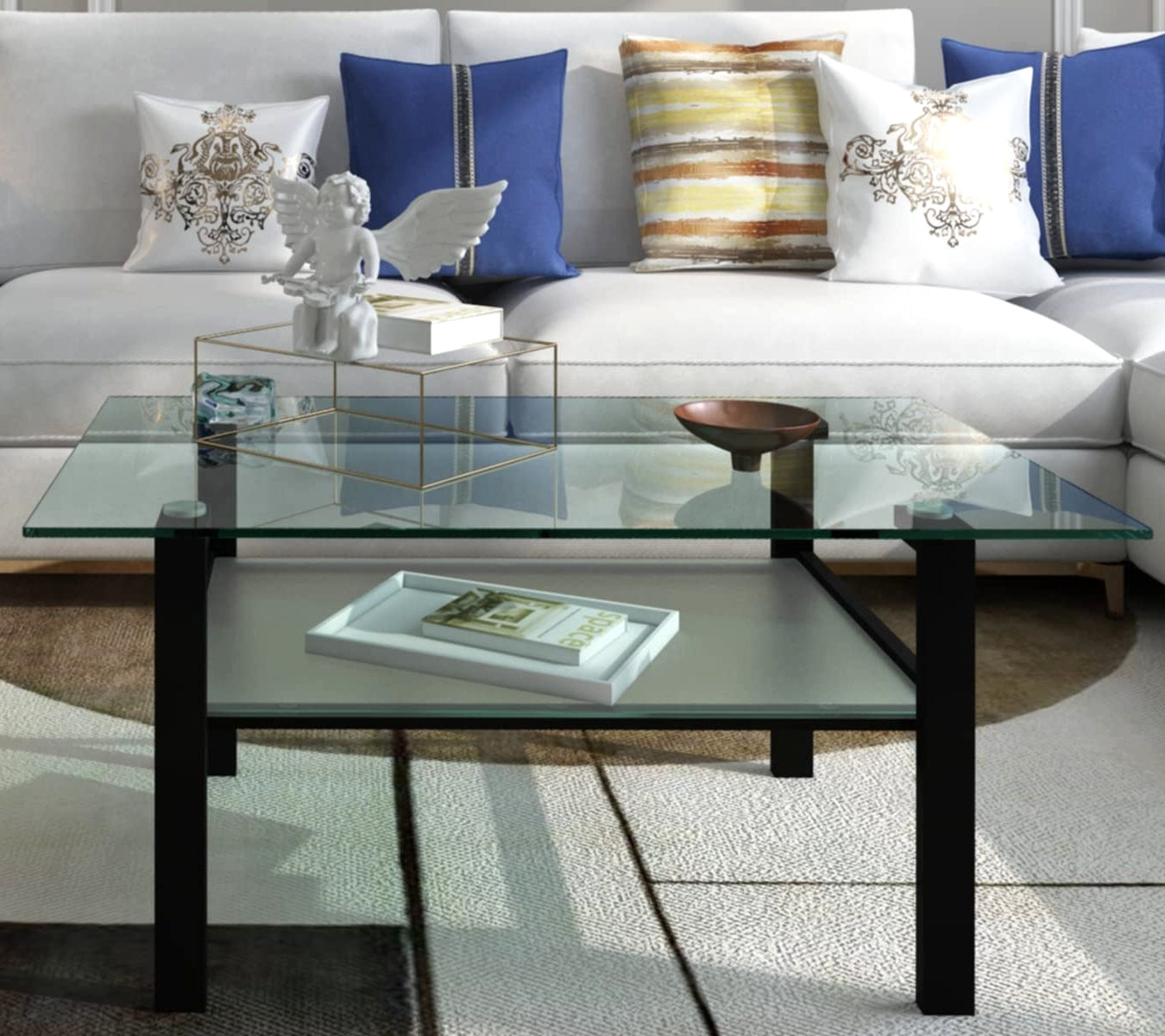 LAUSATEK 2-Tier Glass Coffee Table Modern Center Coffee Table with Tempered Glass Tabletop and Metal Legs for Living Room Home, Max Load 220Lbs