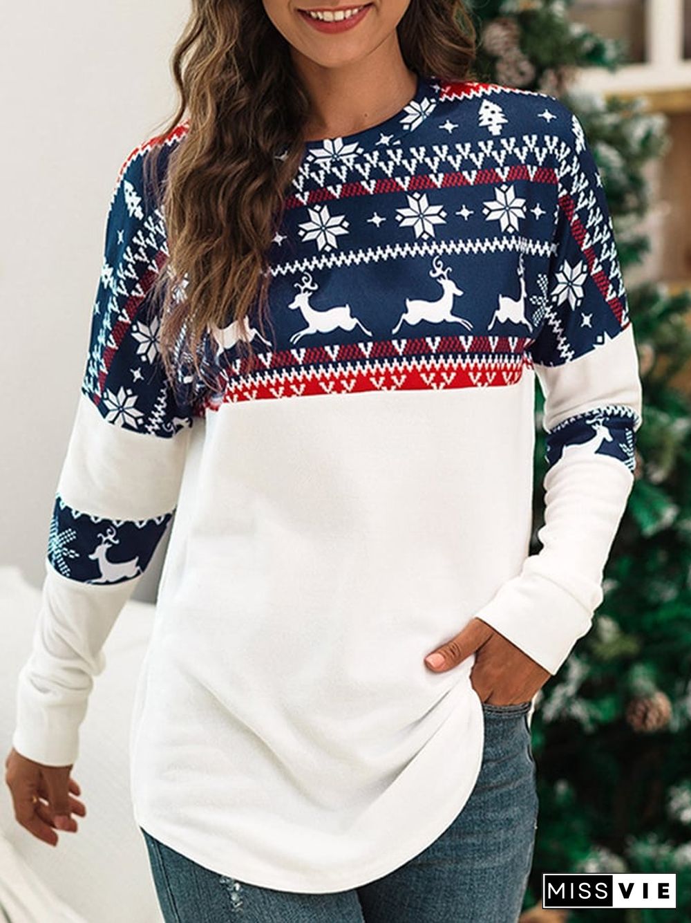 Women's Christmas Elk Print Contrast Loose Sweatshirt