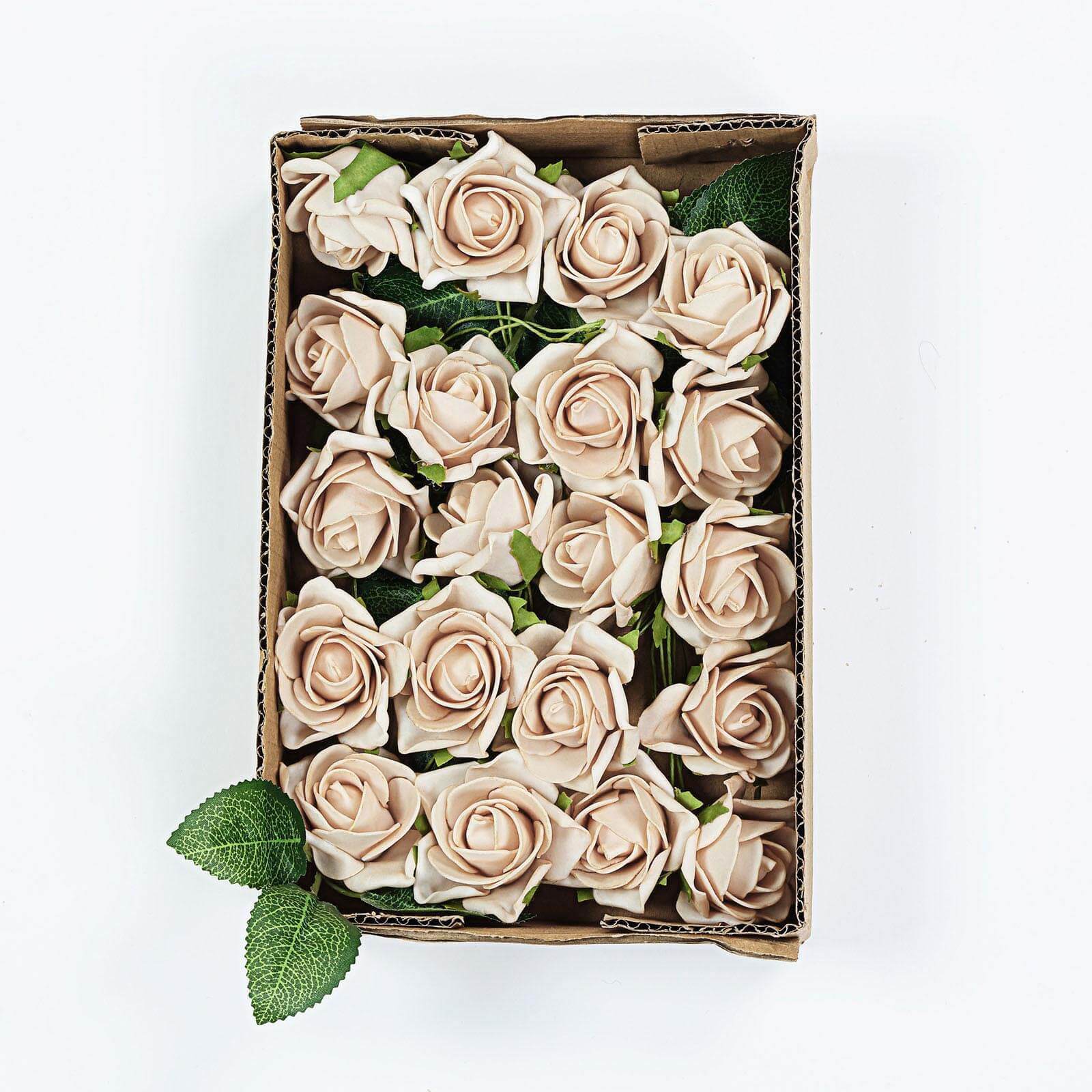 24 Roses Champagne Artificial Foam Flowers With Stem Wire and Leaves 2