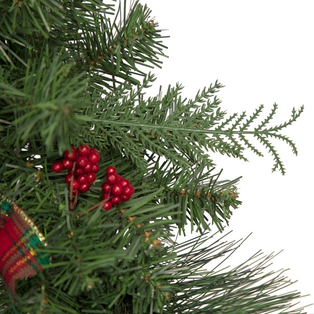 Unlit Green Foliage Pinecones And Berries With Tartan Ribbon Christmas Wreath