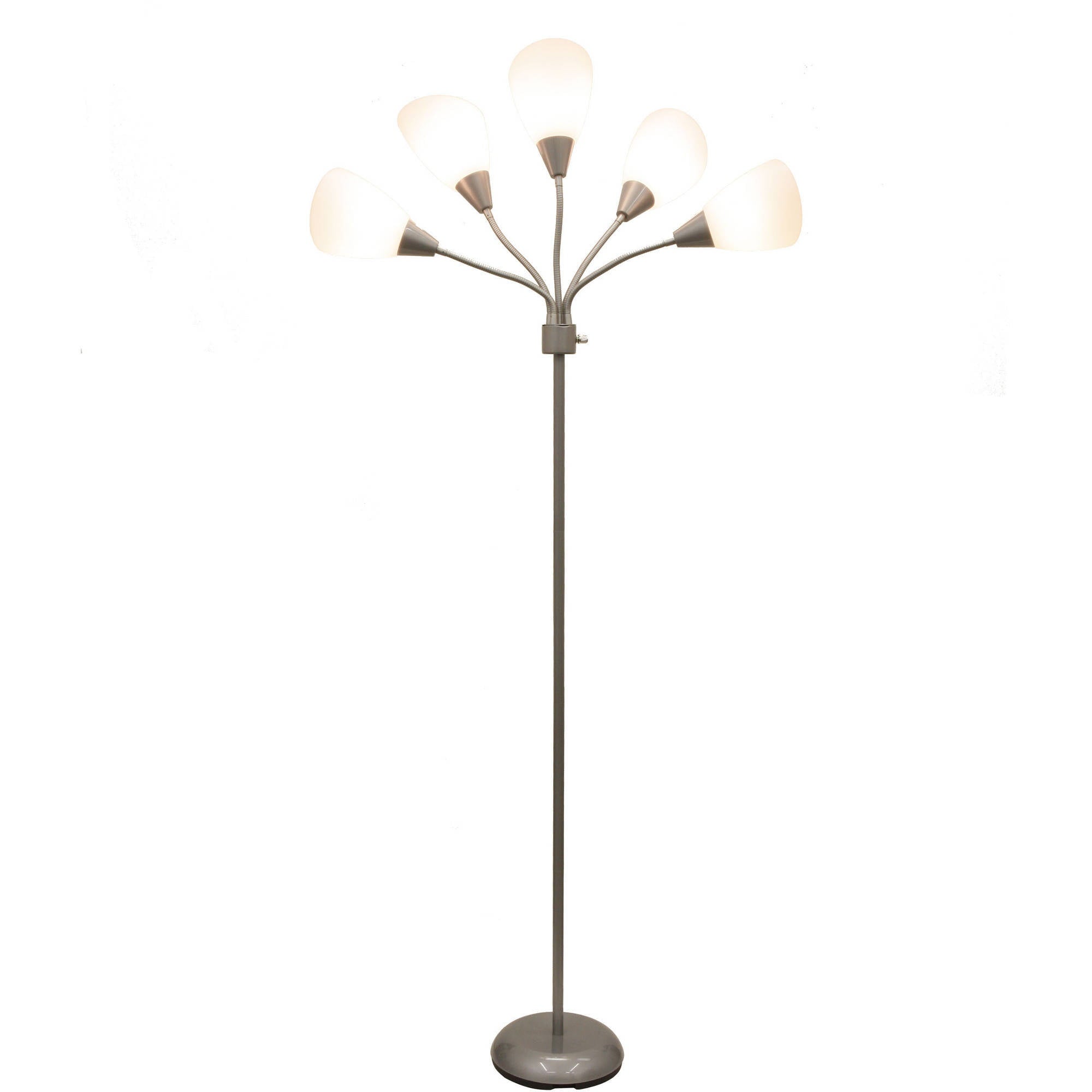 Mainstays 5-Light Multihead Floor Lamp, Silver with White Shade and a Metal Base