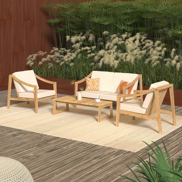 Saracina Home 4pc Mid century Modern Slatted Acacia Wood Outdoor Patio Conversation Furniture Set With Back Cushions