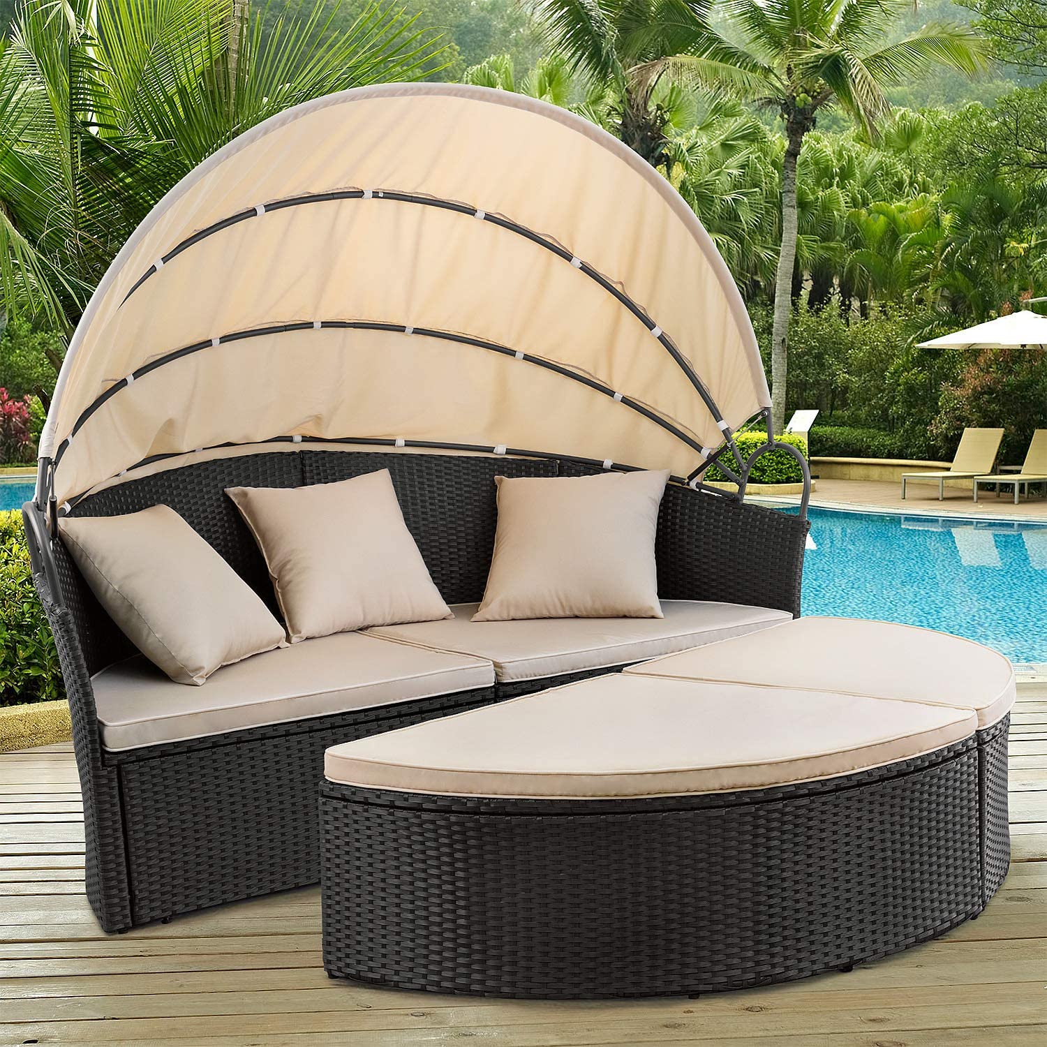 Vineego Patio Furniture Outdoor Round Daybed with Retractable Canopy Wicker Rattan Separated Seating Sectional Sofa for Patio Lawn Garden Backyard Porch Pool