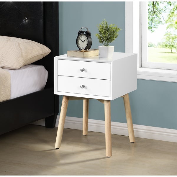 Mid-Century Wood Side Table with 2 Drawer and Wood Legs for Bedroom Living Room