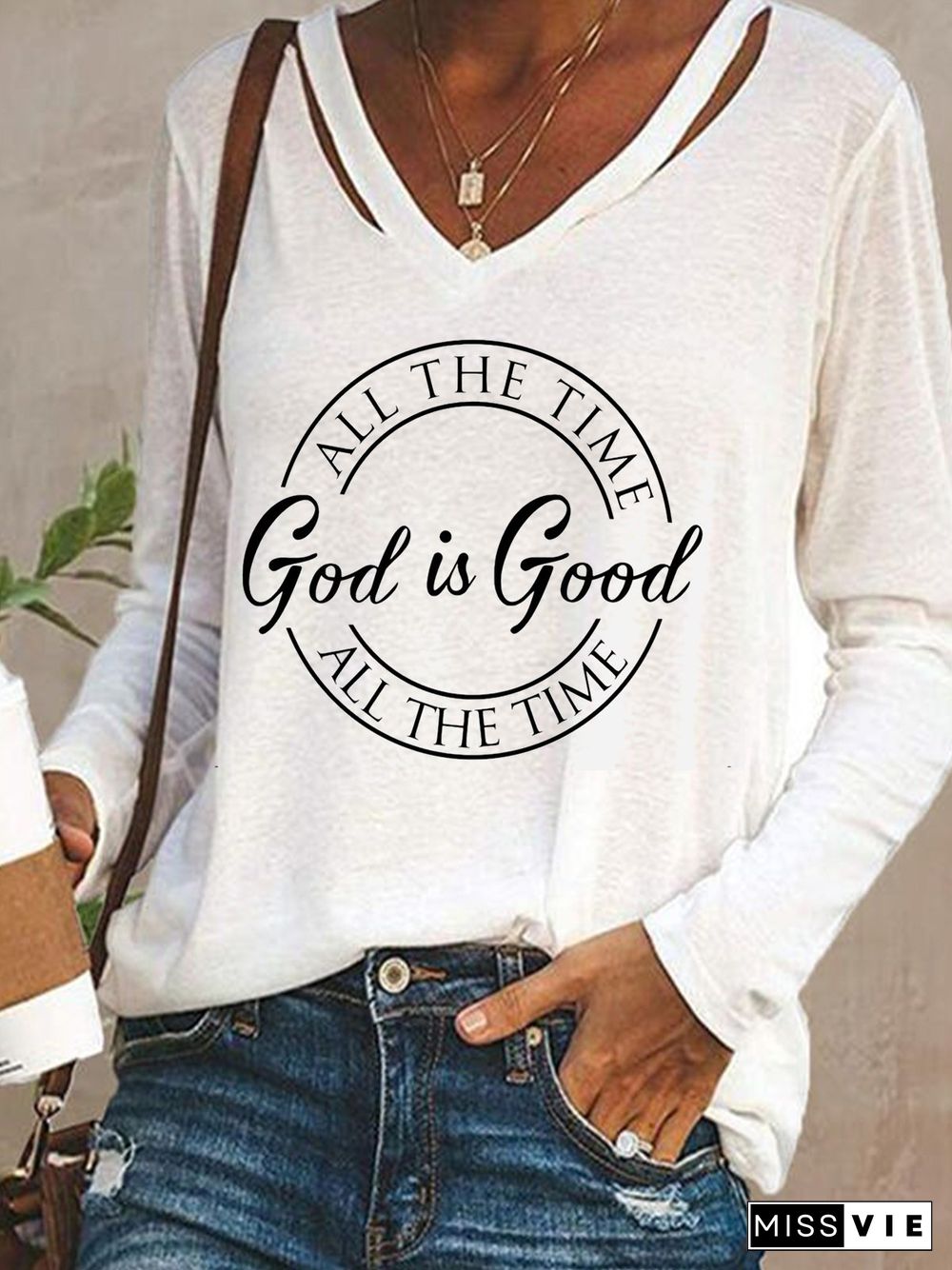 All The Time God Is Good Letters Printed Long Sleeves V Neck Plus Size Casual Tops