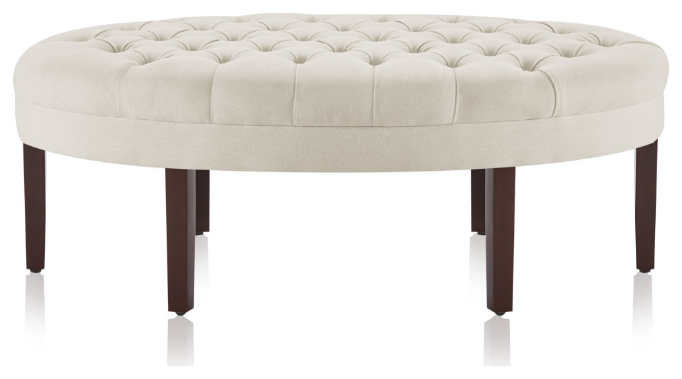 Oval Tufted Ottoman/Bench  Linen Fabric With Wood Leg   Transitional   Footstools And Ottomans   by OneBigOutlet  Houzz