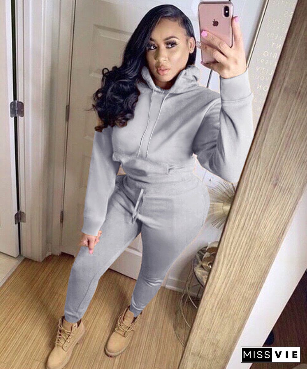 Hot Style Solid Color Hoodie Sweatpants Two-piece Set