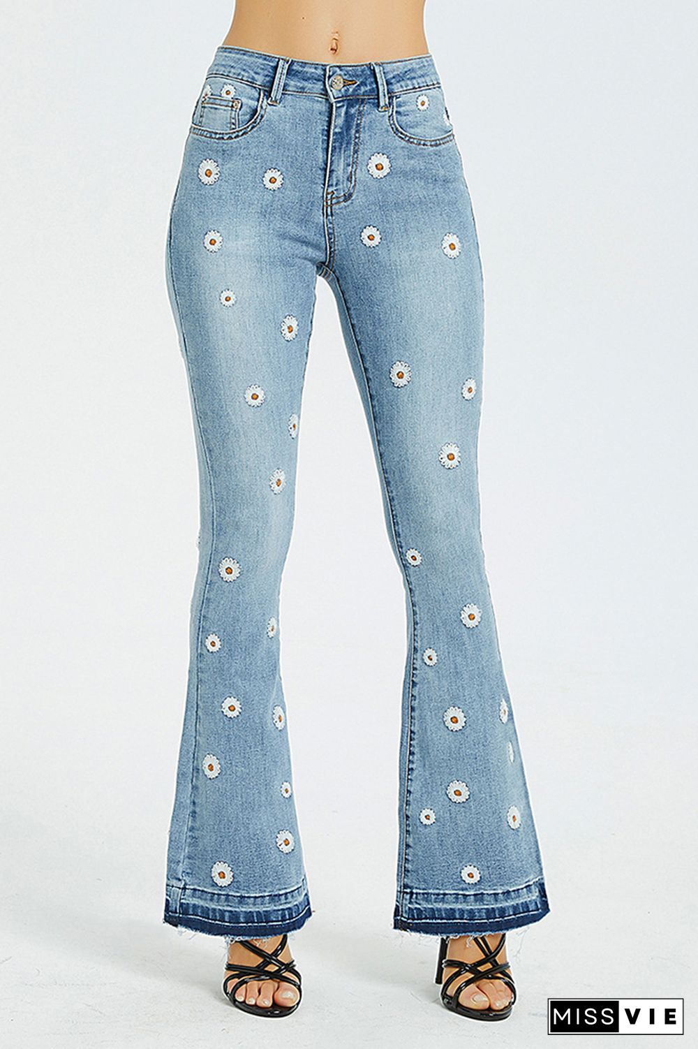 Daisy Embroidered Bleach Bell Bottom Flared Jeans Wholesale Boutique