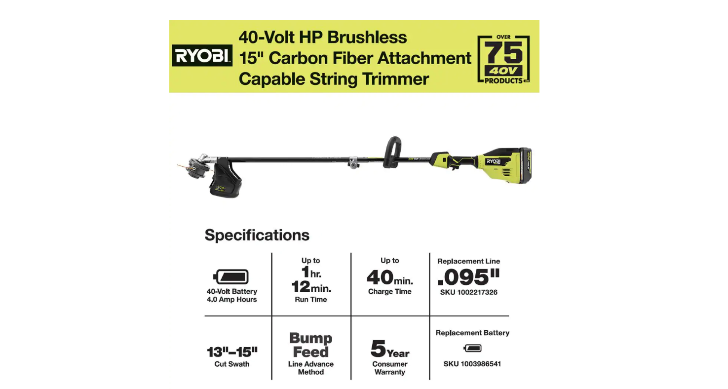 RYOBI RY40290VNM 40V HP Brushless 15 in. Cordless Carbon Fiber Shaft Attachment Capable String Trimmer with 4.0 Ah Battery and Charger