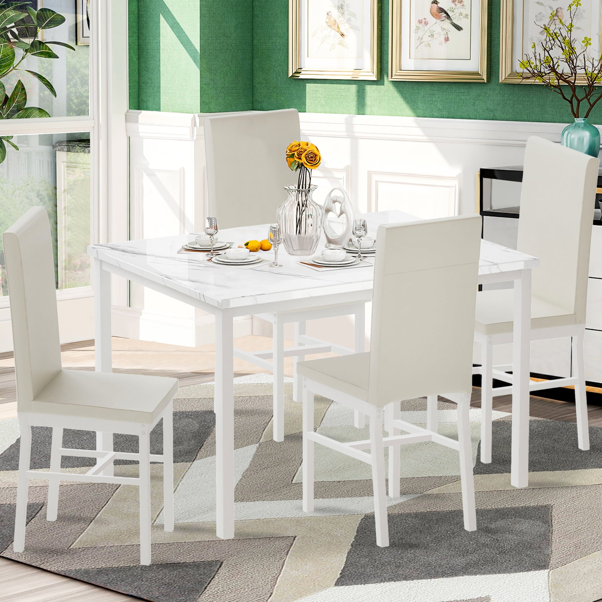 paproos Dining Table Set for 4, Modern 5-Piece Kitchen Table Set with Marble Top and Faux Leather Upholstery Chairs, Heavy Duty Dinette Sets for Breakfast Nook, Dining Room Table and Chairs, White