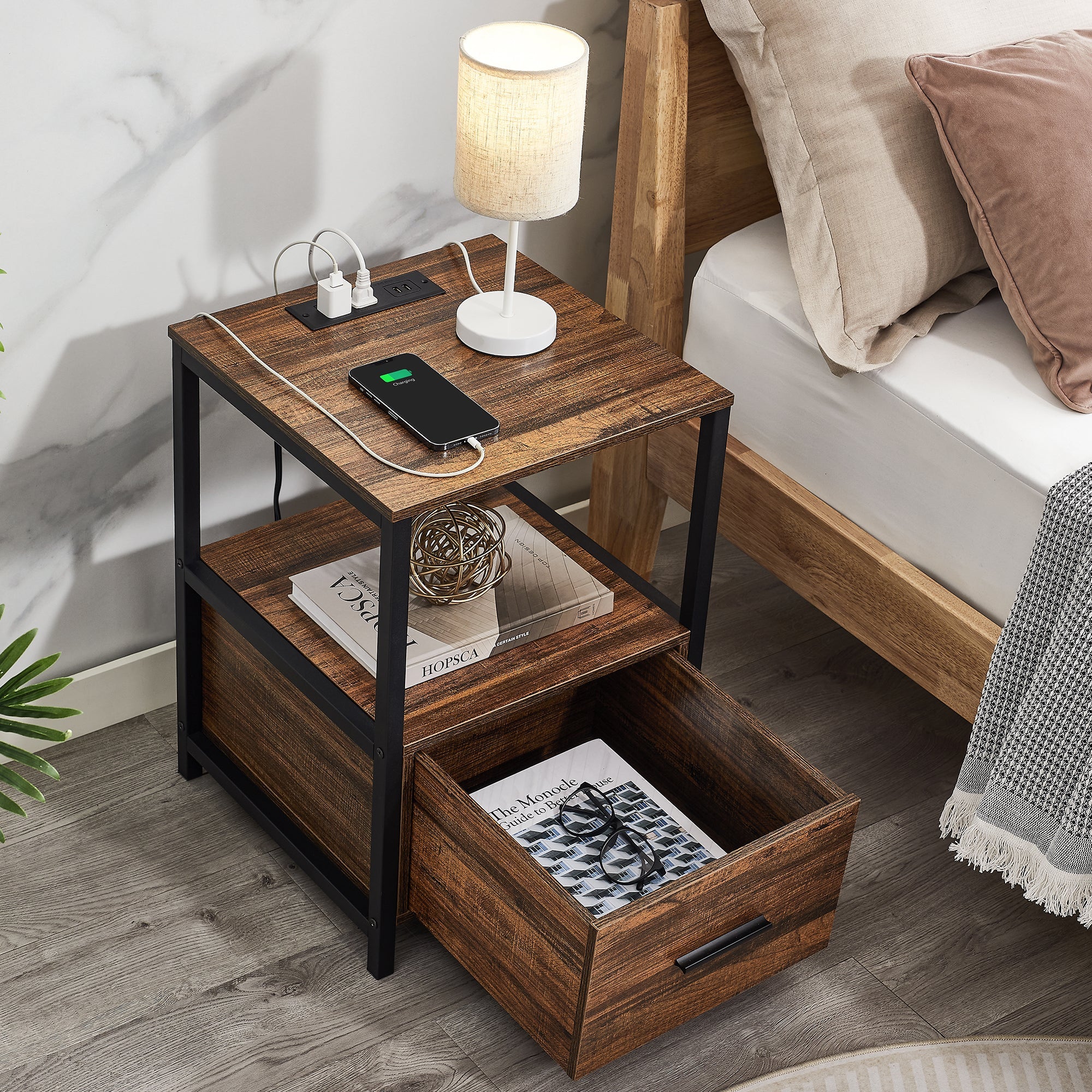 VECELO Nightstand with USB Ports & Power Outlet, Bedside/End Table with 1-Drawer and Storage Open Shelf for Bedroom/Living Room/Office, Brown