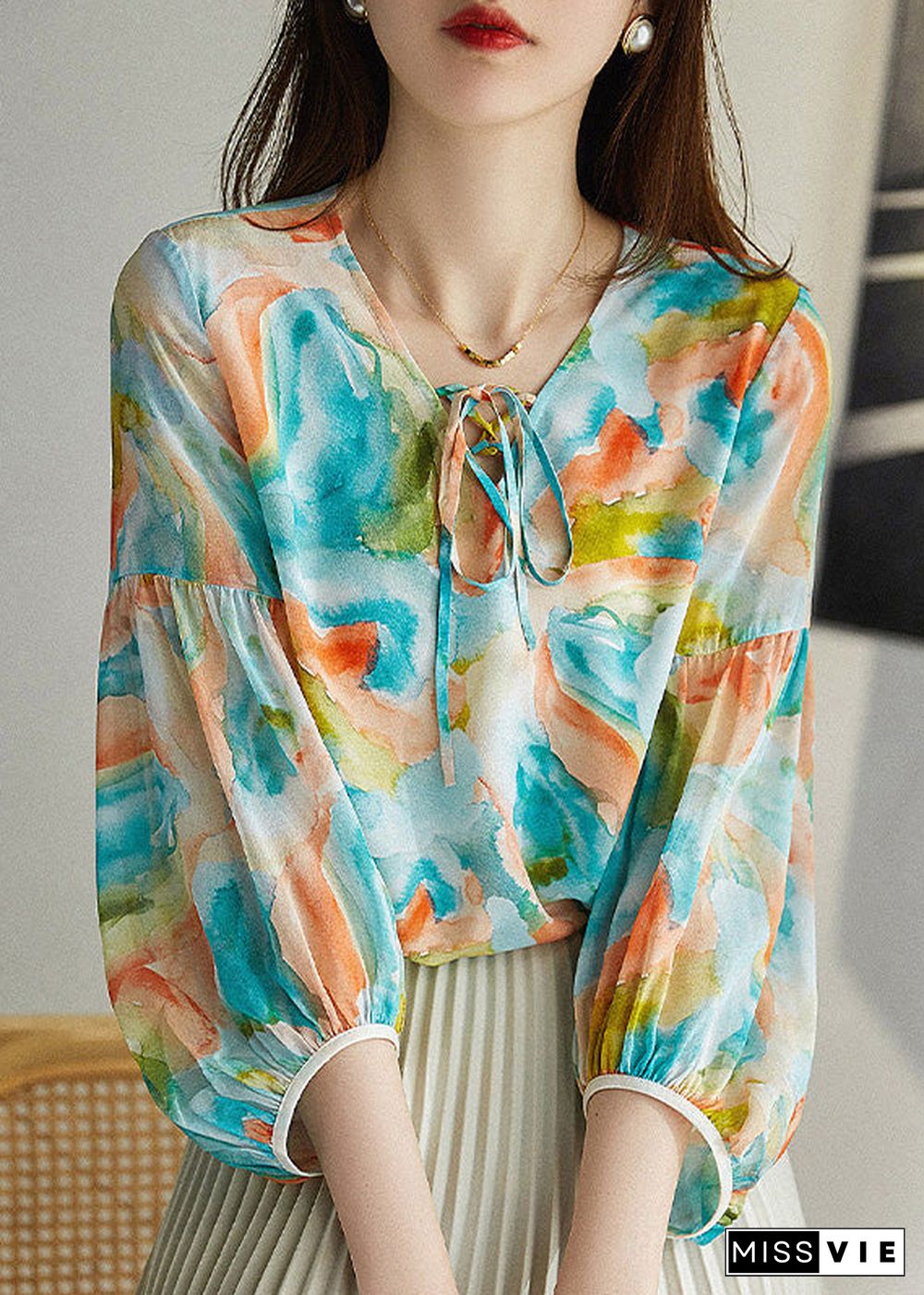 Italian Green V Neck Print Neck Tie Chiffon Shirt Spring