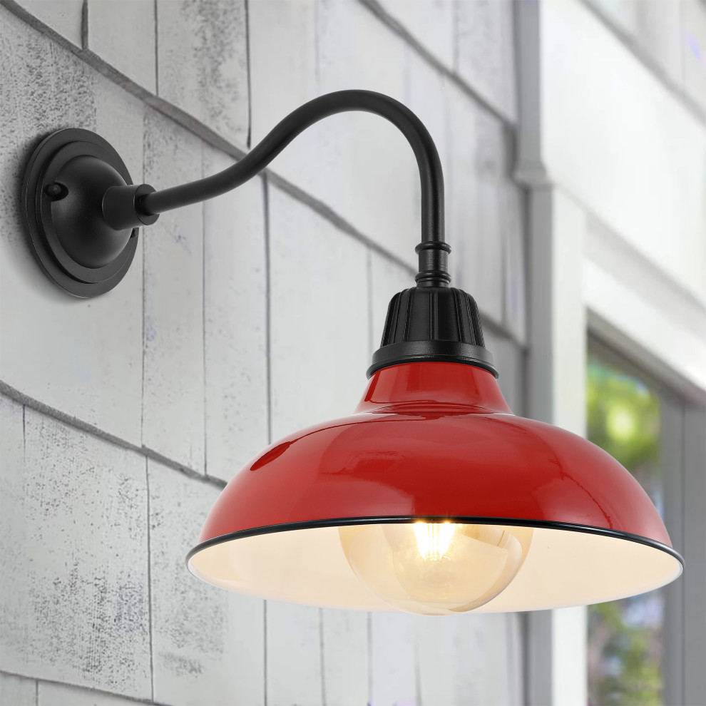 Aurora 12.25 quot1 Light Indoor/Outdoor Iron LED Gooseneck Arm Sconce   Farmhouse   Outdoor Wall Lights And Sconces   by JONATHAN Y  Houzz